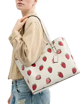 Coach Mollie Tote Bag With Strawberry Print Chalk