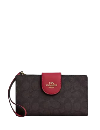 Coach Phone Wallet In Signature Canvas Walnut True Red