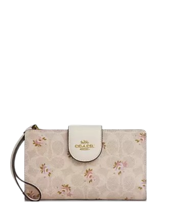 Coach Phone Wallet In Signature Canvas With Floral Print Sand