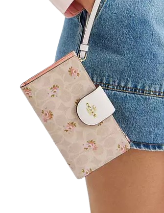 Coach Phone Wallet In Signature Canvas With Floral Print Sand