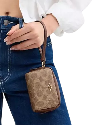 Coach Pouch Wristlet In Signature Canvas Tan Brown