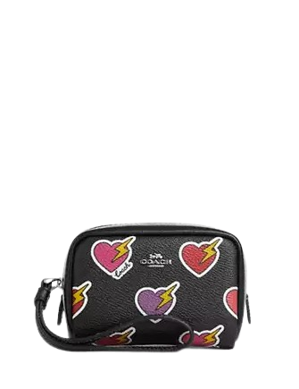 Coach Pouch Wristlet With Heart Bolt Print Black