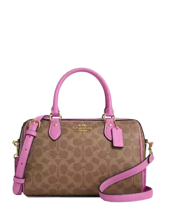 Coach Rowan Satchel Bag In Signature Canvas Tan Fuschia