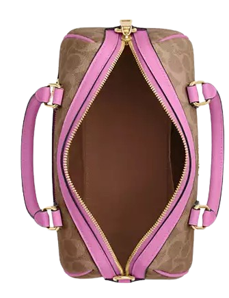 Coach Rowan Satchel Bag In Signature Canvas Tan Fuschia