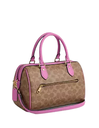 Coach Rowan Satchel Bag In Signature Canvas Tan Fuschia