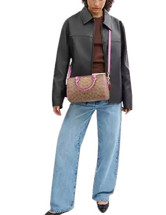 Coach Rowan Satchel Bag In Signature Canvas Tan Fuschia