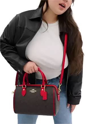 Coach Rowan Satchel Bag In Signature Canvas Walnut Bold Red