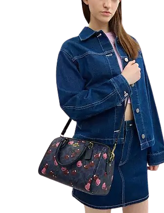 Coach Rowan Satchel Bag In Signature Canvas With Cherry Print Denim