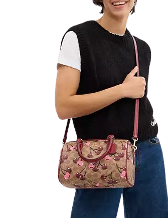 Coach Rowan Satchel Bag In Signature Canvas With Cherry Print Tan