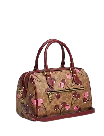 Coach Rowan Satchel Bag In Signature Canvas With Cherry Print Tan