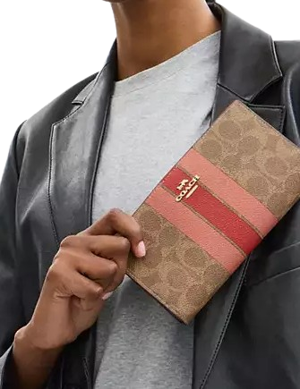 Coach Slim Zip Wallet In Signature Canvas With Stripe Tan