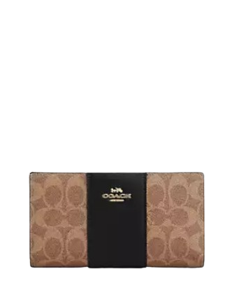 Coach Slim Zip Wallet In Signature Canvas With Stripe Tan Black