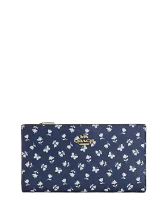Coach Slim Zip Wallet With Floral Print Deep Blue