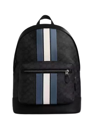 Coach West Backpack In Signature Canvas With Varsity Stripe Charcoal Denim Chalk