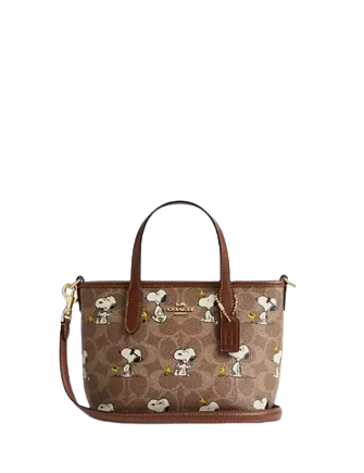 Coach X Peanuts City Mini Tote Bag In Signature Canvas With Snoopy Print Tan Brown