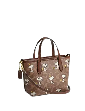 Coach X Peanuts City Mini Tote Bag In Signature Canvas With Snoopy Print Tan Brown