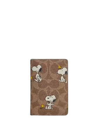 Coach X Peanuts Id Card Wallet In Signature Canvas With Snoopy Print Tan