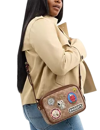 Coach X Peanuts Jamie Camera Bag In Signature Canvas With Patches Tan Brown