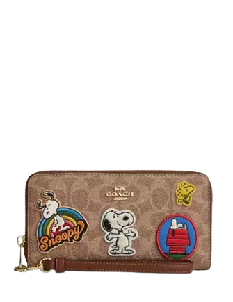 Coach X Peanuts Long Zip Around Wallet In Signature Canvas With Patches Tan Brown