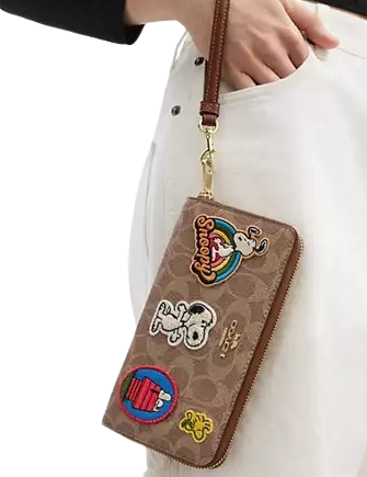 Coach X Peanuts Long Zip Around Wallet In Signature Canvas With Patches Tan Brown