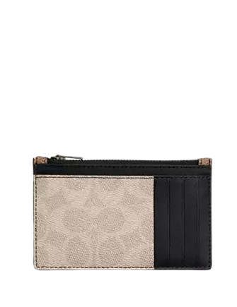 Coach Zip Card Case In Blocked Signature Canvas Sand Tan