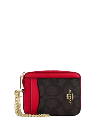 Coach Zip Card Case In Signature Canvas Walnut Bold Red