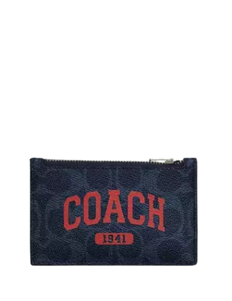 Coach Zip Card Case In Signature Canvas With Coach Graphic Midnight Navy Bold Red