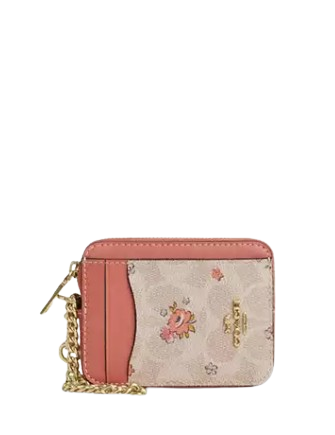 Coach Zip Card Case In Signature Canvas With Floral Print Sand
