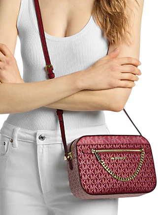 Michael Michael Kors Jet Set Large Metallic Signature Logo Crossbody Bag Cherry