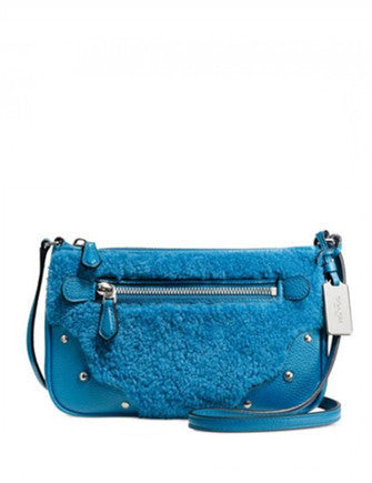 Coach 36490 Shearling Leather Rhyder Pochette Peacock Blue Crossbody Bag