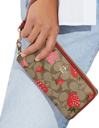 Coach Long Zip Around Wallet In Signature Canvas With Wild Strawberry Print