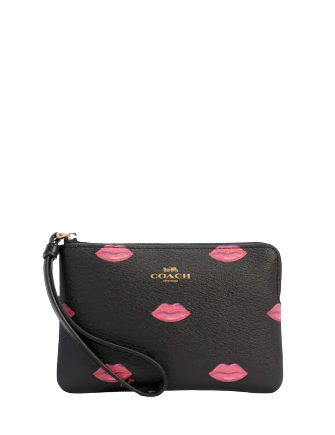 Coach Corner Zip Wristlet With Lips Print