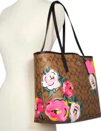 COACH City Tote In Signature Canvas With Vintage Rose Print shoulder Bag Color Brown Pink
