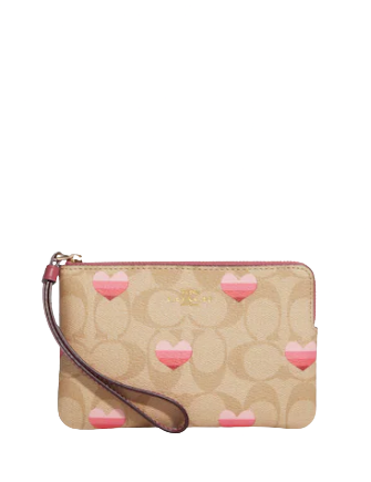 Coach Corner Zip Wristlet In Signature Canvas With Stripe Heart Print