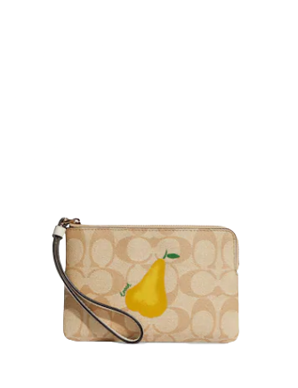Coach Corner Zip Wristlet In Signature Canvas With Pear Brixton