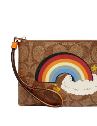Coach Corner Zip Wristlet In Signature Canvas With Rainbow