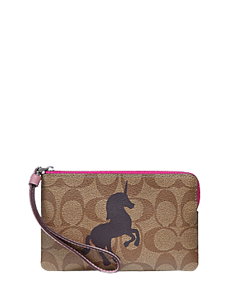Coach Corner Zip Wristlet In Signature Canvas With Unicorn Motif
