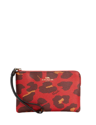 Coach Corner Zip Wristlet With Leopard Print