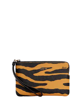 Coach Corner Zip Wristlet With Tiger Print
