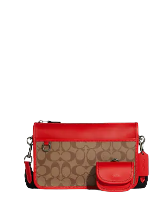 Hybrid pouch with shop signature canvas blocking