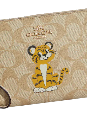 Coach Large Corner Zip Wristlet In Signature Canvas With Tiger
