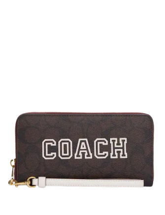 Coach Long Zip Around Wallet In Signature Canvas With Varsity Motif