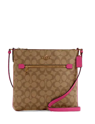 Coach Rowan Signature Canvas Leather File Bag Crossbody Khaki Bold Pink C1554