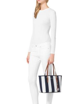 Michael kors blue and 2024 white striped jet set tote