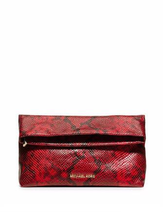 Michael Kors Daria Fold Over Embossed Leather Clutch Bag Red