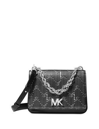 Michael Michael Kors Mott Metallic Deco Chain Swing Shoulder Bag Black Silver