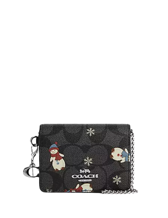 Coach Boxed Mini Wallet On A Chain In Signature Canvas With Snowman Print