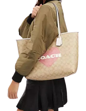 Coach City Tote In Signature Canvas With Heart Print