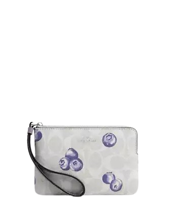 Coach Corner Zip Wristlet In Signature Canvas With Blueberry Print