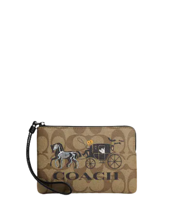 Coach Corner Zip Wristlet In Signature Canvas With Halloween Horse And Carriage